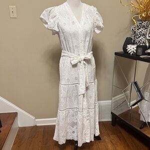 White Eyelet No Lining Embroidered Maxi Dress with Tie Waist Size L pre-owned.